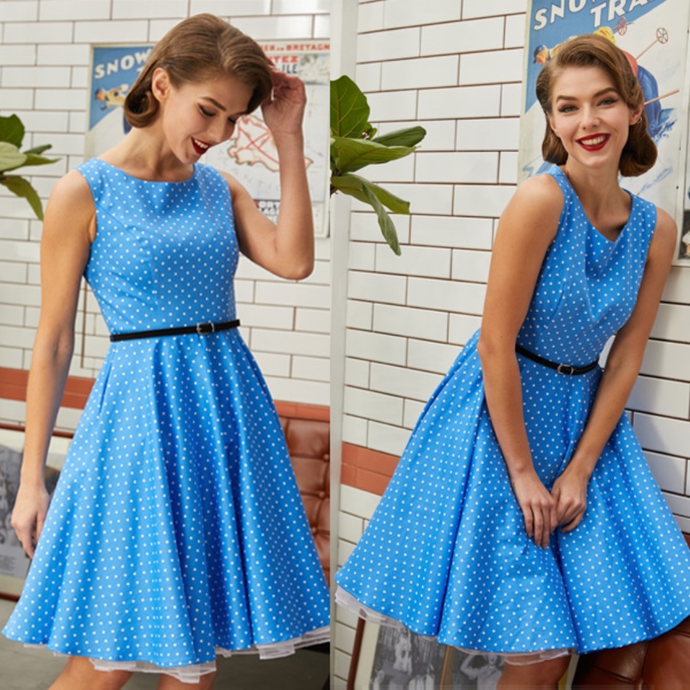 Grace Karin Polka Dots Dress Blue Fit Flare Size M